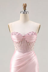 Strapless Mermaid Beaded Corset Pink Prom Dress With Slit