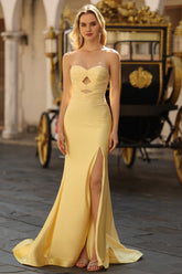 Yellow Strapless Mermaid Cut Out Beaded Prom Dress With Slit