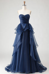 Navy Strapless Ruffled A Line Prom Dress