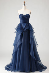 Navy Strapless Ruffled A Line Prom Dress