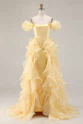 Yellow A-Line Off The Shoulder Prom Dress With Ruffles