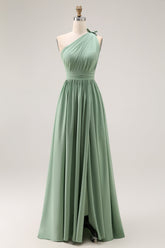 Green One Shoulder Chiffon Bridesmaid Dress with Slit