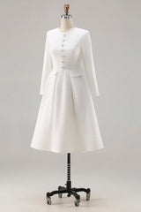 Ivory A-Line Midi Work Dress with Long Sleeves