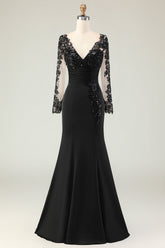 Elegant Black Mermaid V-Neck Mother Of The Bride Dress with Sequins