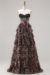 Sweetheart Brown Leopard Tiered Corset A-Line Prom Dress