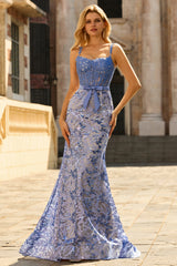 Sparkly Mermaid Grey Blue Corset Appliqued Prom Dress
