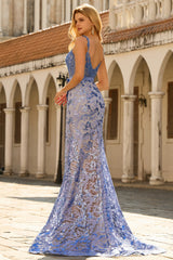 Sparkly Mermaid Grey Blue Corset Appliqued Prom Dress
