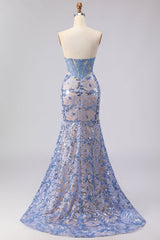 Grey Blue Sequin Mermaid Corset Strapless Prom Dress