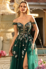 Dark Green A-Line Off The Shoulder Sequin Prom Dress With Slit
