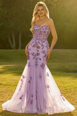 Purple Floral Mermaid Corset Spaghetti Straps Prom Dress With Sequins