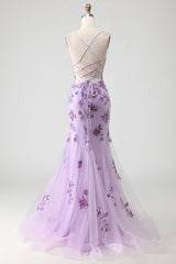Purple Floral Mermaid Corset Spaghetti Straps Prom Dress With Sequins