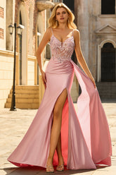 Sparkly Pink Corset Appliqued Satin Prom Dress