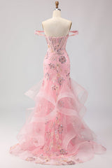Sparkly Blush Mermaid Off The Shoulder Corset Prom Dress