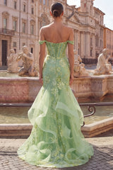 Green Floral Mermaid Off The Shoulder Corset Prom Dress With Beading