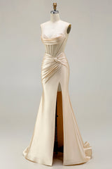 Champagne Mermaid Beaded Sweetheart Corset Prom Dress With Slit