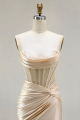 Champagne Mermaid Beaded Sweetheart Corset Prom Dress With Slit