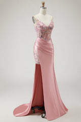 Blush Corset Sequin Satin Mermaid Prom Dress With Slit