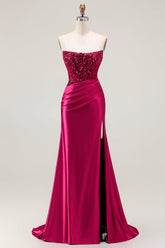 Burgundy Corset Strapless Mermaid Satin Prom Dress With Slit