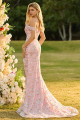 Floral Embroidered Blush Off The Shoulder Sequin Mermaid Prom Dress With Slit