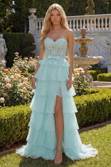 Strapless Corset Appliqued Tiered Green Prom Dress