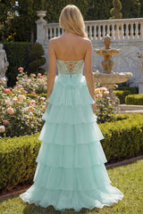 Strapless Corset Appliqued Tiered Green Prom Dress