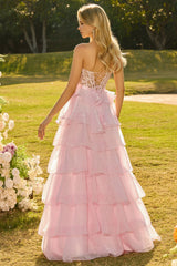 Pink Tiered Strapless Corset Beaded Prom Dress