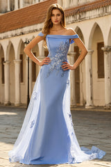 Off The Shoulder Grey Blue Mermaid Appliqued Mother Of the Bride Dress