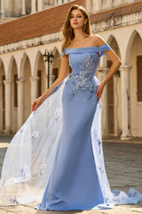Off The Shoulder Grey Blue Mermaid Appliqued Mother Of the Bride Dress