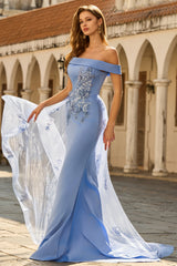 Off The Shoulder Grey Blue Mermaid Appliqued Mother Of the Bride Dress