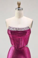Metallic Fuchsia Strapless Corset Mermaid Prom Dress With Sequins