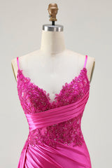 Fuchsia Mermaid Corset Satin Prom Dress With Slit