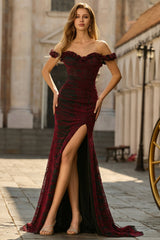 Burgundy Burnout Velvet Off The Shoulder Mermaid Prom Dress With Slit