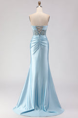 Strapless Blue Sequin Mermaid Satin Prom Dress With Slit