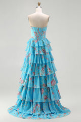 Floral Blue Strapless Tiered A-Line Corset Prom Dress With Slit