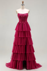 Fuchsia Strapless Tiered A-Line Corset Prom Dress With Slit
