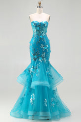 Strapless Blue Mermaid Ruffle Corset Prom Dress With Appliques
