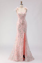 Blush Sequin Mermaid Long Prom Dress With Slit