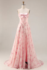 Pink Red Floral Strapless Corset A Line Prom Dress