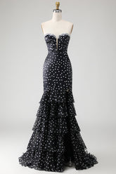 Strapless Black White Dot Corset Tiered Mermaid Prom Dress With Slit