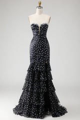 Strapless Black White Dot Corset Tiered Mermaid Prom Dress With Slit