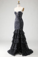 Strapless Black White Dot Corset Tiered Mermaid Prom Dress With Slit