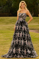 Sparkly Tiered Black Pink Floral Strapless Appliqued Prom Dress