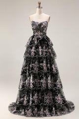 Sparkly Tiered Black Pink Floral Strapless Appliqued Prom Dress