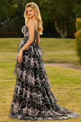 Sparkly Tiered Black Pink Floral Strapless Appliqued Prom Dress