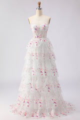 Sparkly White Pink Floral Tiered Strapless Appliqued Prom Dress