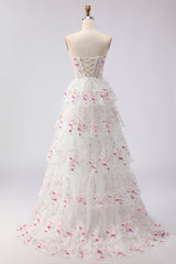 Sparkly White Pink Floral Tiered Strapless Appliqued Prom Dress