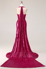 Sparkly Fuchsia Halter Ruched Mermaid Prom Dress
