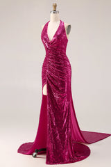 Sparkly Fuchsia Halter Ruched Mermaid Prom Dress