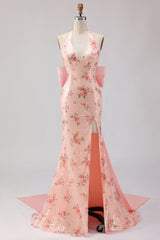 Sparkly Blush Floral Halter Mermaid Cut Out Prom Dress