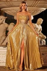 Metallic Golden Strapless Beaded A-Line Pleated Prom Dress With Slit
